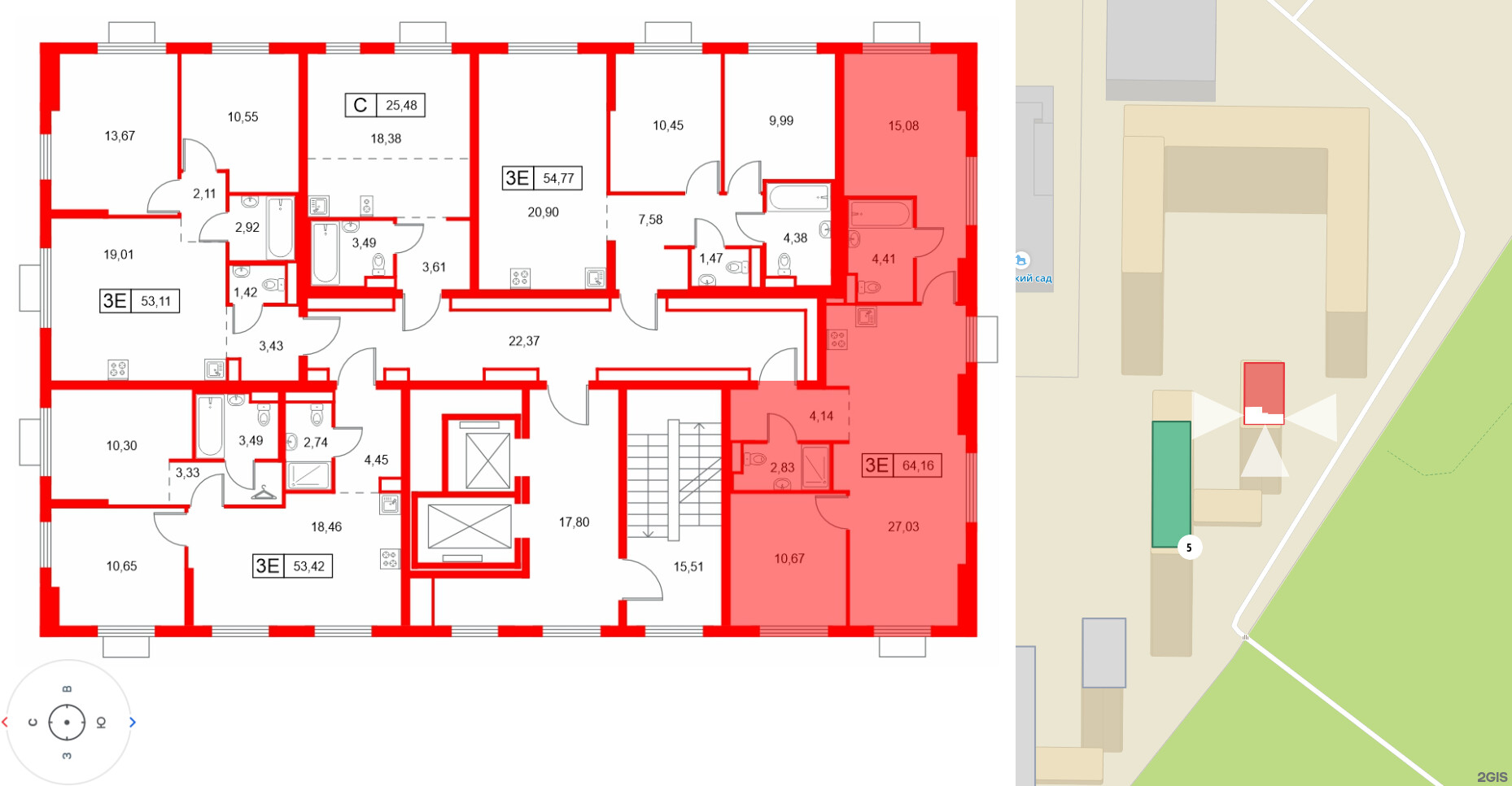 Квартира в ЖК Заречный парк, 2 комнатная, 64.16 м², 11 этаж