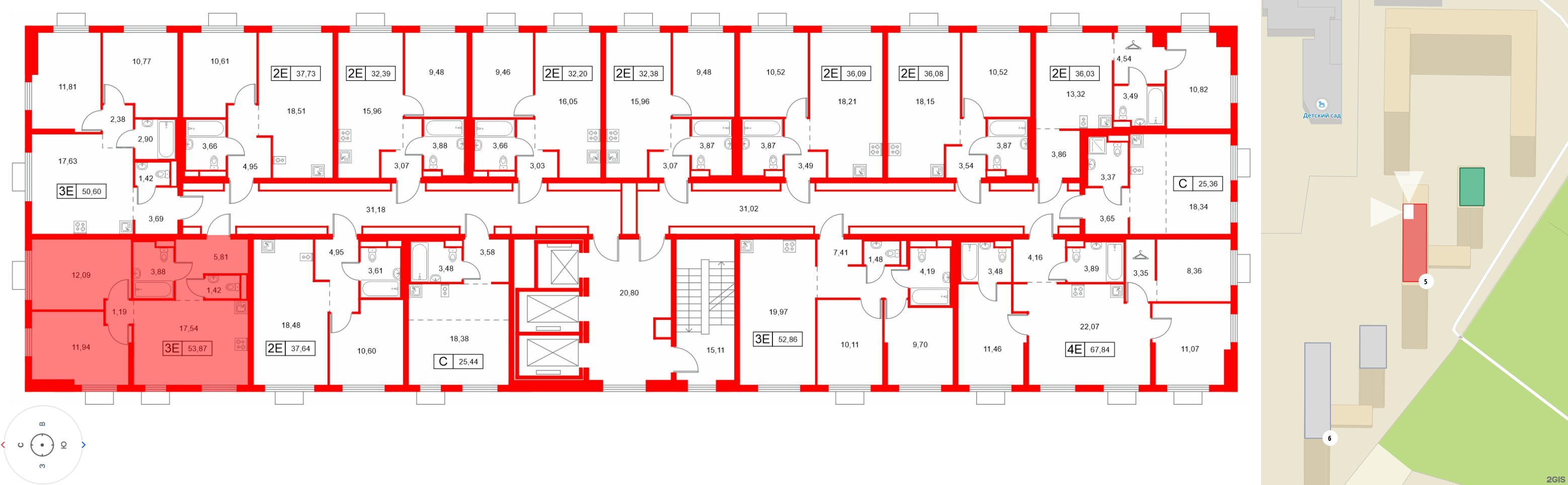 Квартира в ЖК Заречный парк, 2 комнатная, 53.87 м², 14 этаж