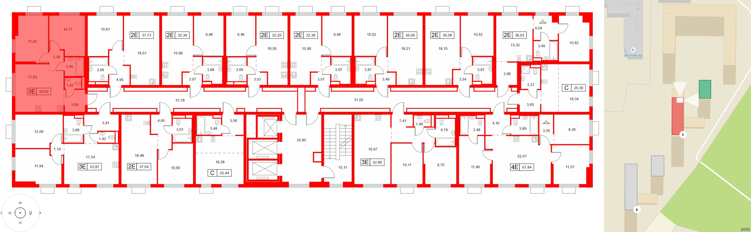 Квартира в ЖК Заречный парк, 2 комнатная, 50.6 м², 12 этаж
