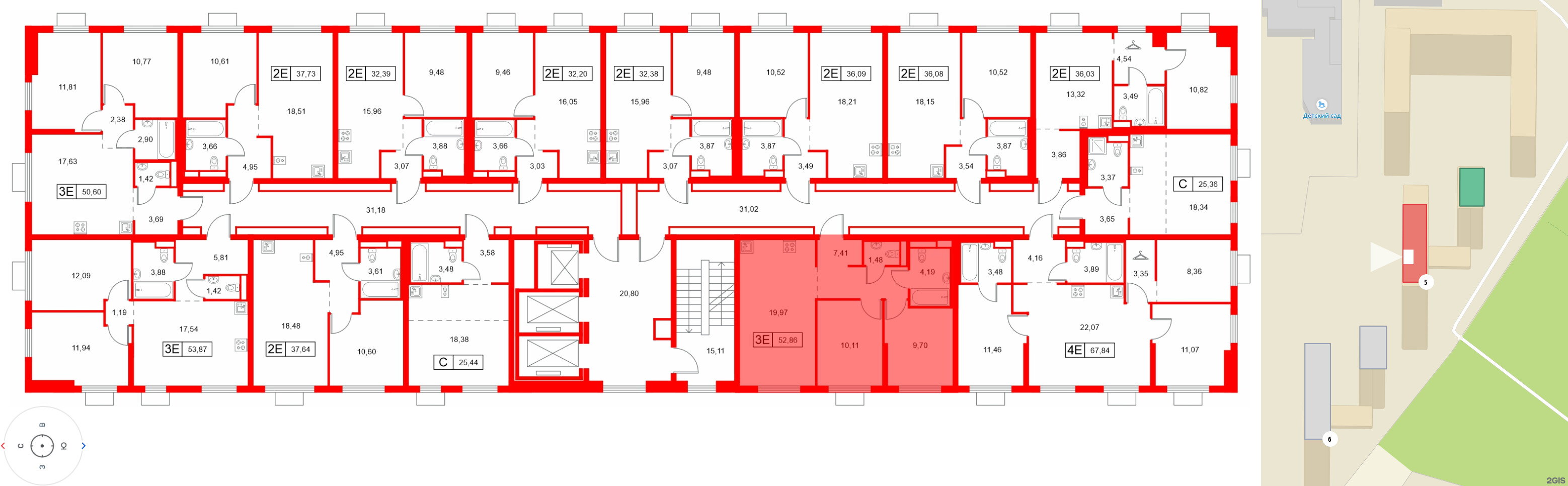 Квартира в ЖК Заречный парк, 2 комнатная, 52.86 м², 22 этаж