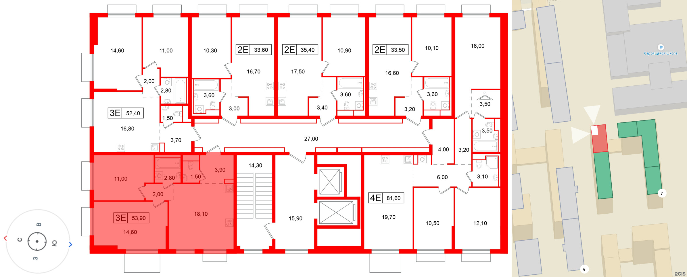 Квартира в ЖК Витебский парк, 2 комнатная, 53.9 м², 3 этаж