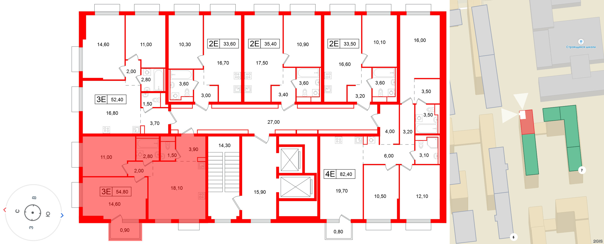 Квартира в ЖК Витебский парк, 2 комнатная, 54.8 м², 10 этаж