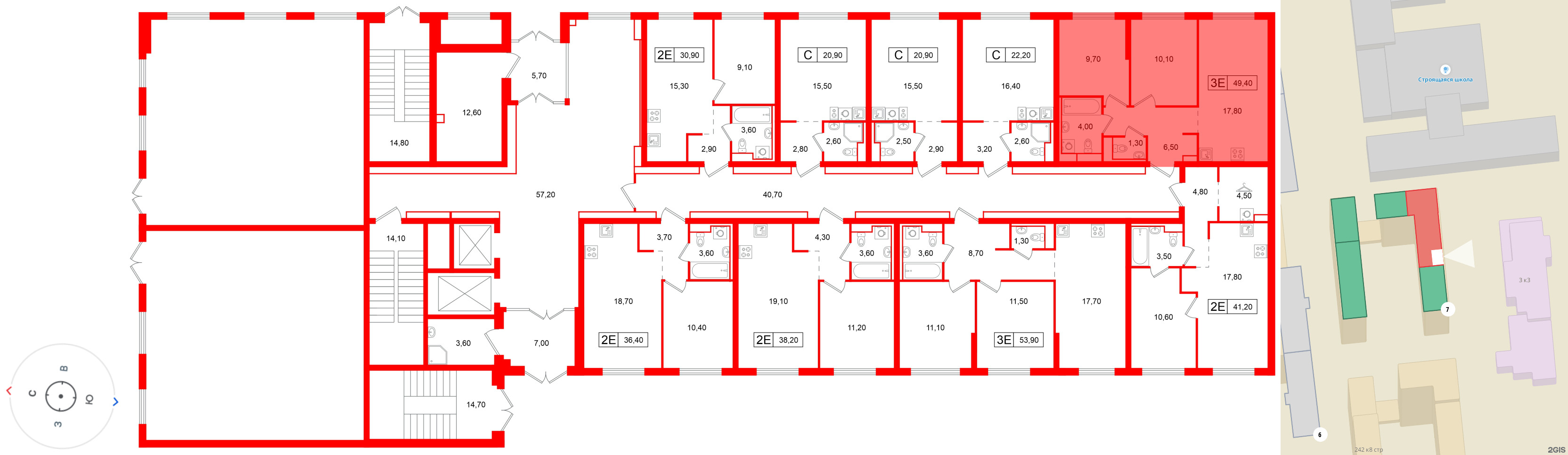 Квартира в ЖК Витебский парк, 2 комнатная, 49.4 м², 1 этаж