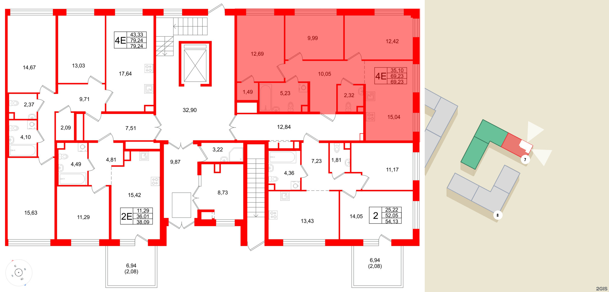 Квартира в ЖК Plus Пулковский, 3 комнатная, 69.23 м², 1 этаж