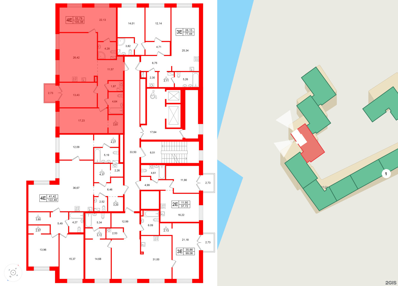 Квартира в ЖК Остров Первых, 3 комнатная, 105.38 м², 3 этаж