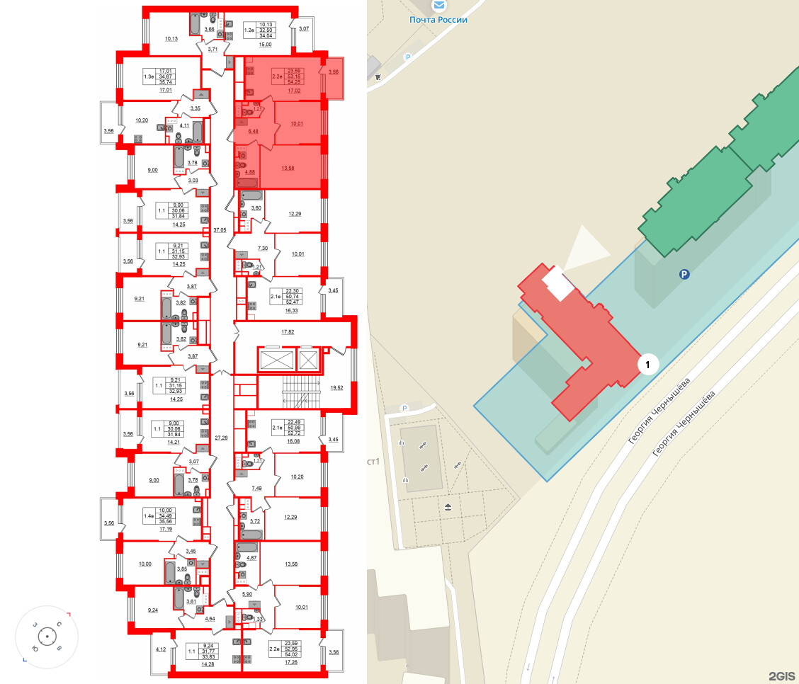 Квартира в ЖК «Сэтл ЛОФТ», 2 комнатная, 53.18 м², 6 этаж