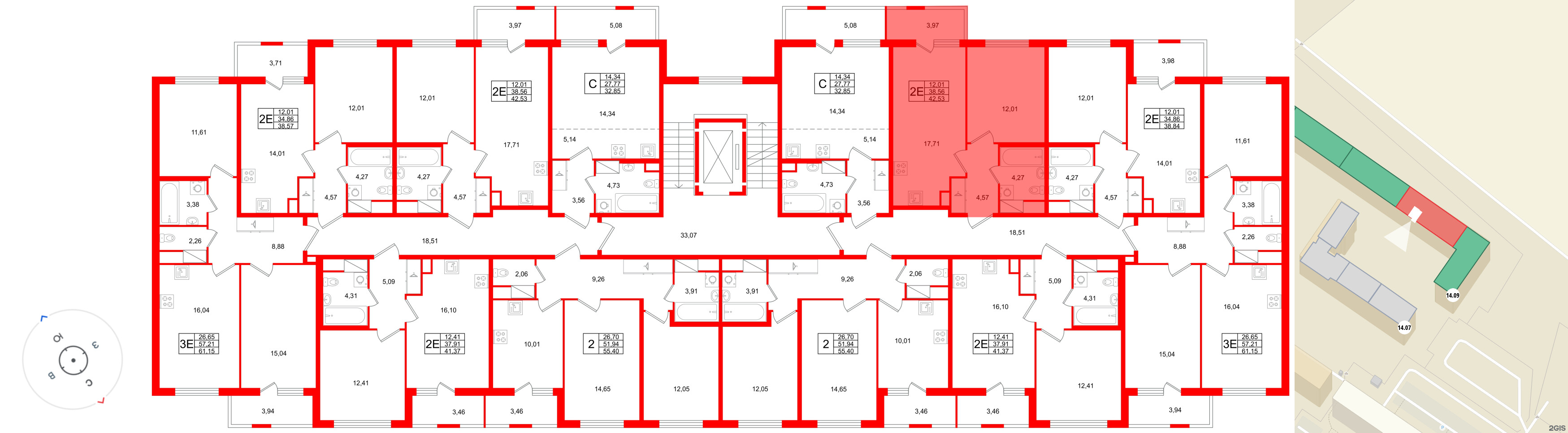 Квартира в ЖК ЯСНО.ЯНИНО, 1 комнатная, 42.53 м², 3 этаж