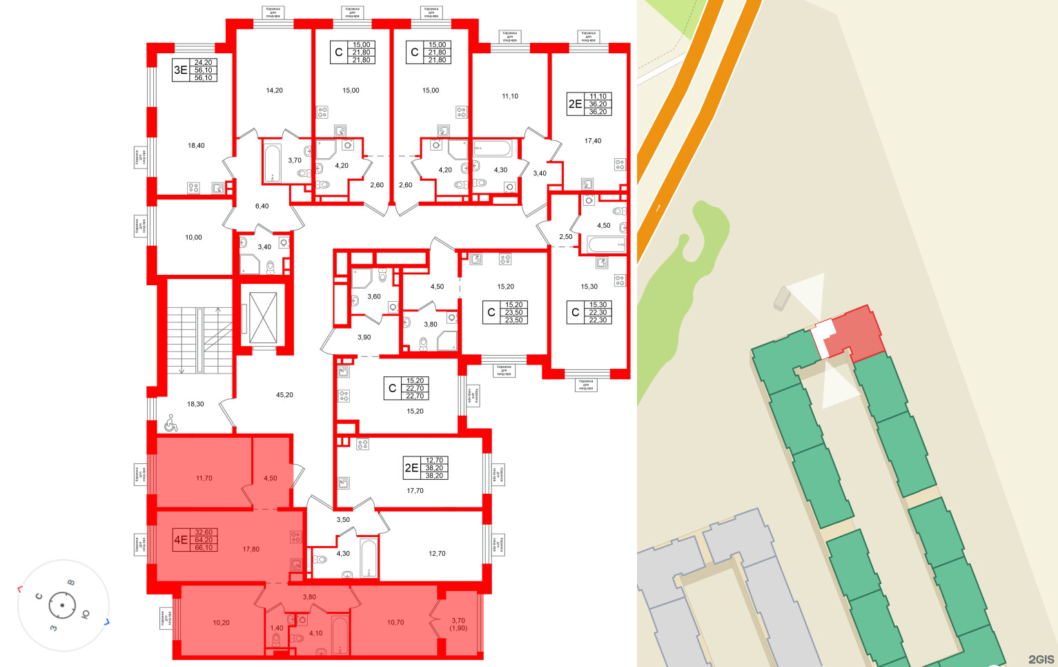 Квартира в ЖК «Пулково Лейк», 3 комнатная, 66.1 м², 3 этаж