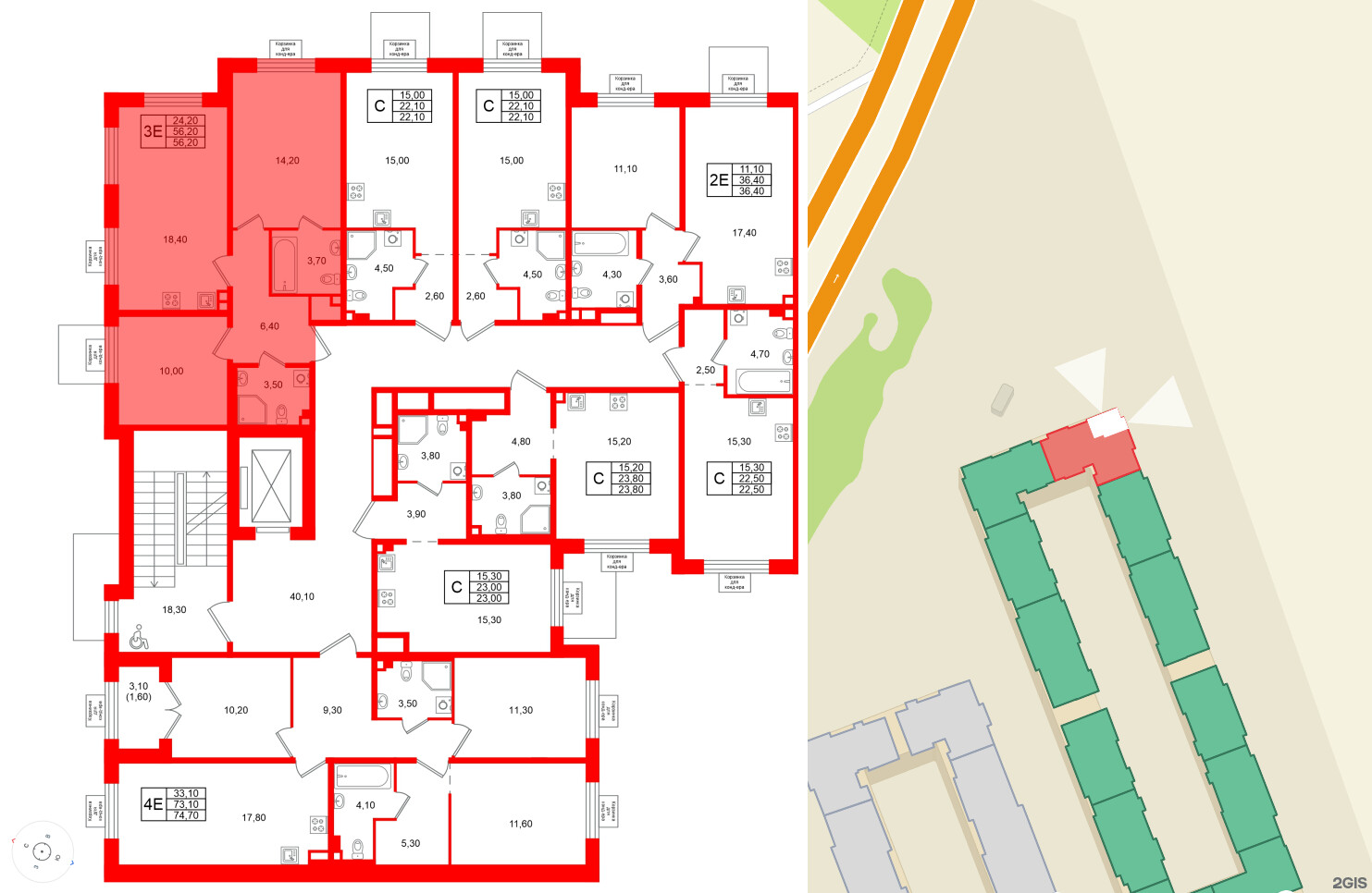 Квартира в ЖК «Пулково Lake», 2 комнатная, 56.2 м², 2 этаж