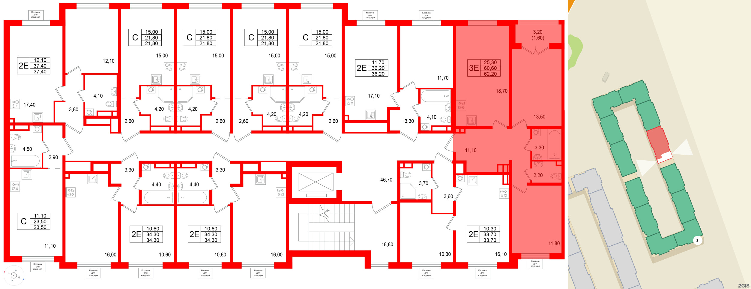 Квартира в ЖК «Пулково Lake», 2 комнатная, 62.2 м², 3 этаж