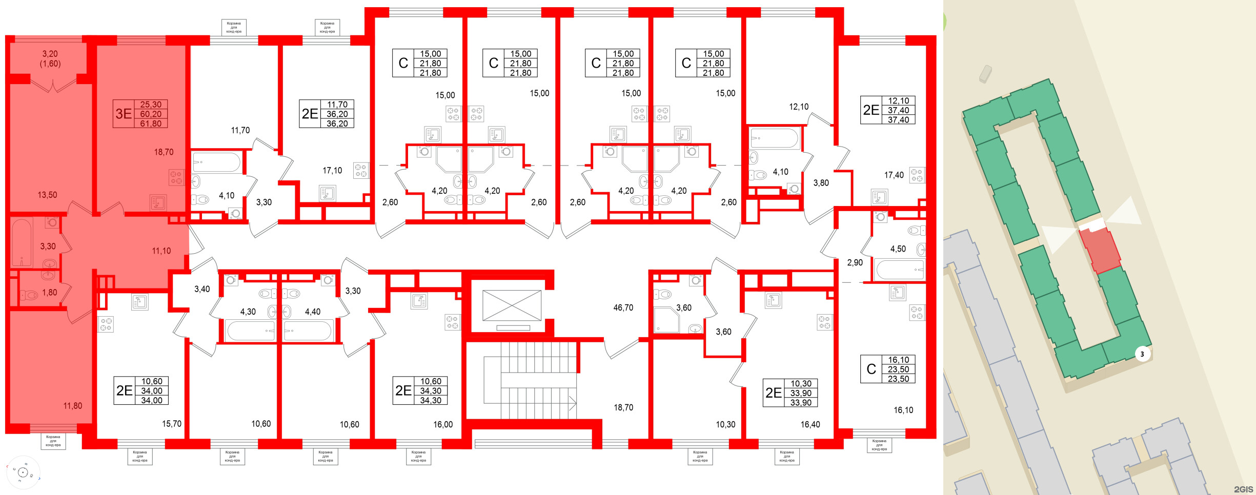 Квартира в ЖК «Пулково Lake», 2 комнатная, 61.8 м², 4 этаж