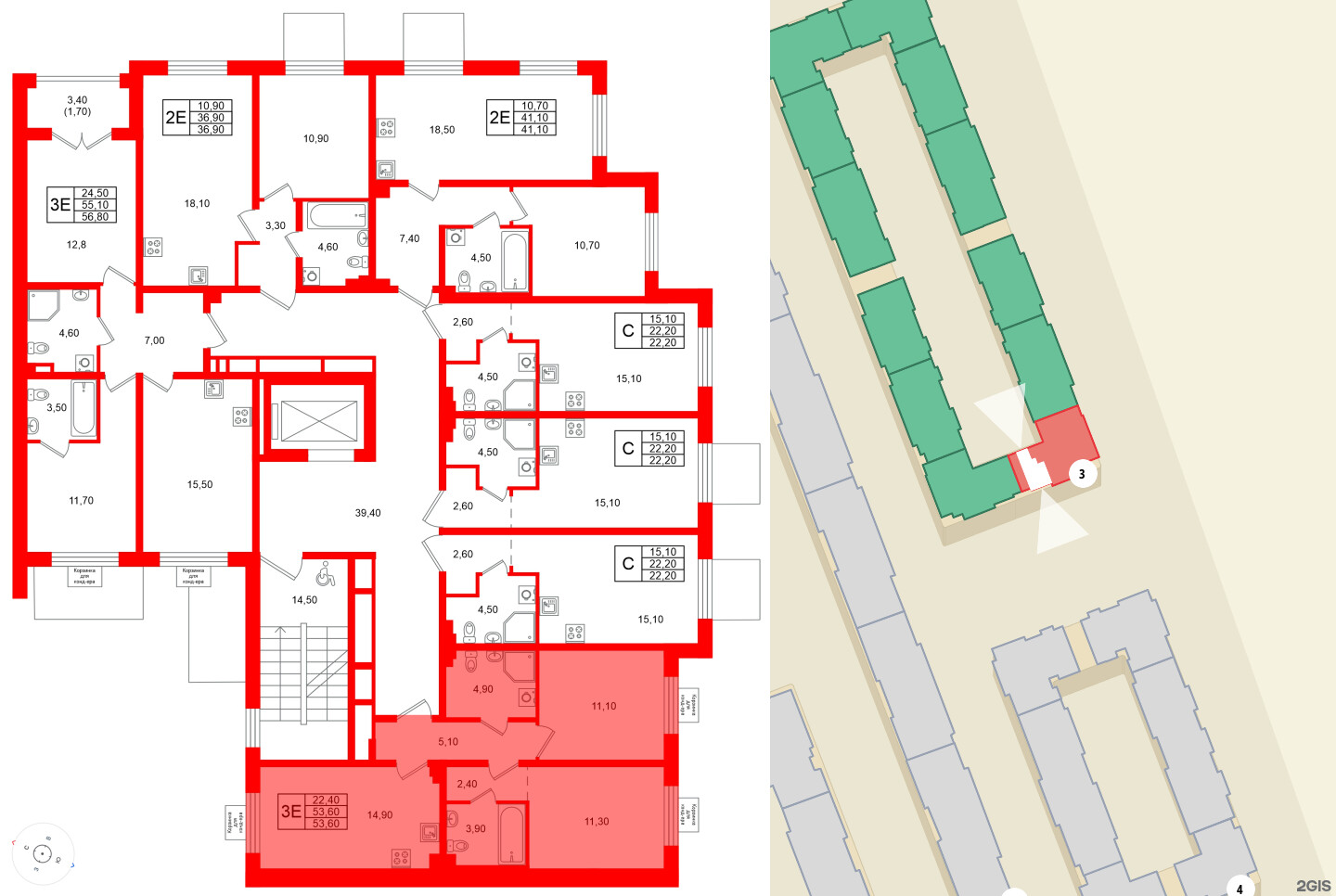 Квартира в ЖК «Пулково Lake», 2 комнатная, 53.6 м², 2 этаж