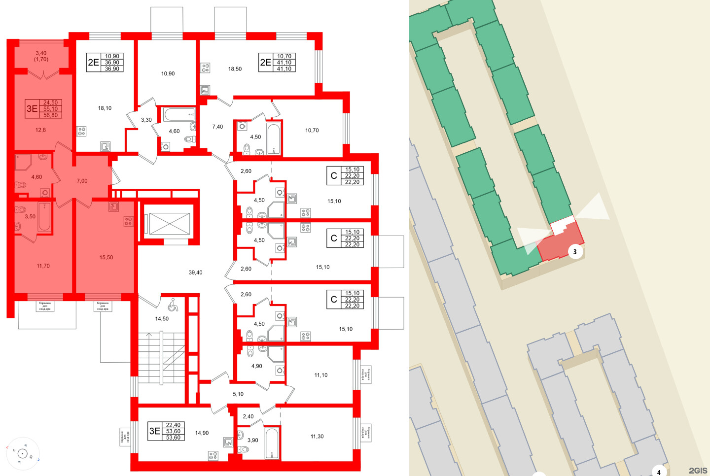 Квартира в ЖК «Пулково Lake», 2 комнатная, 56.8 м², 2 этаж