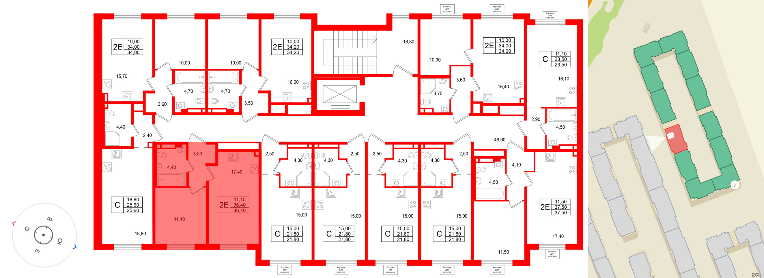 Квартира в ЖК «Пулково Лейк», 1 комнатная, 36.4 м², 3 этаж