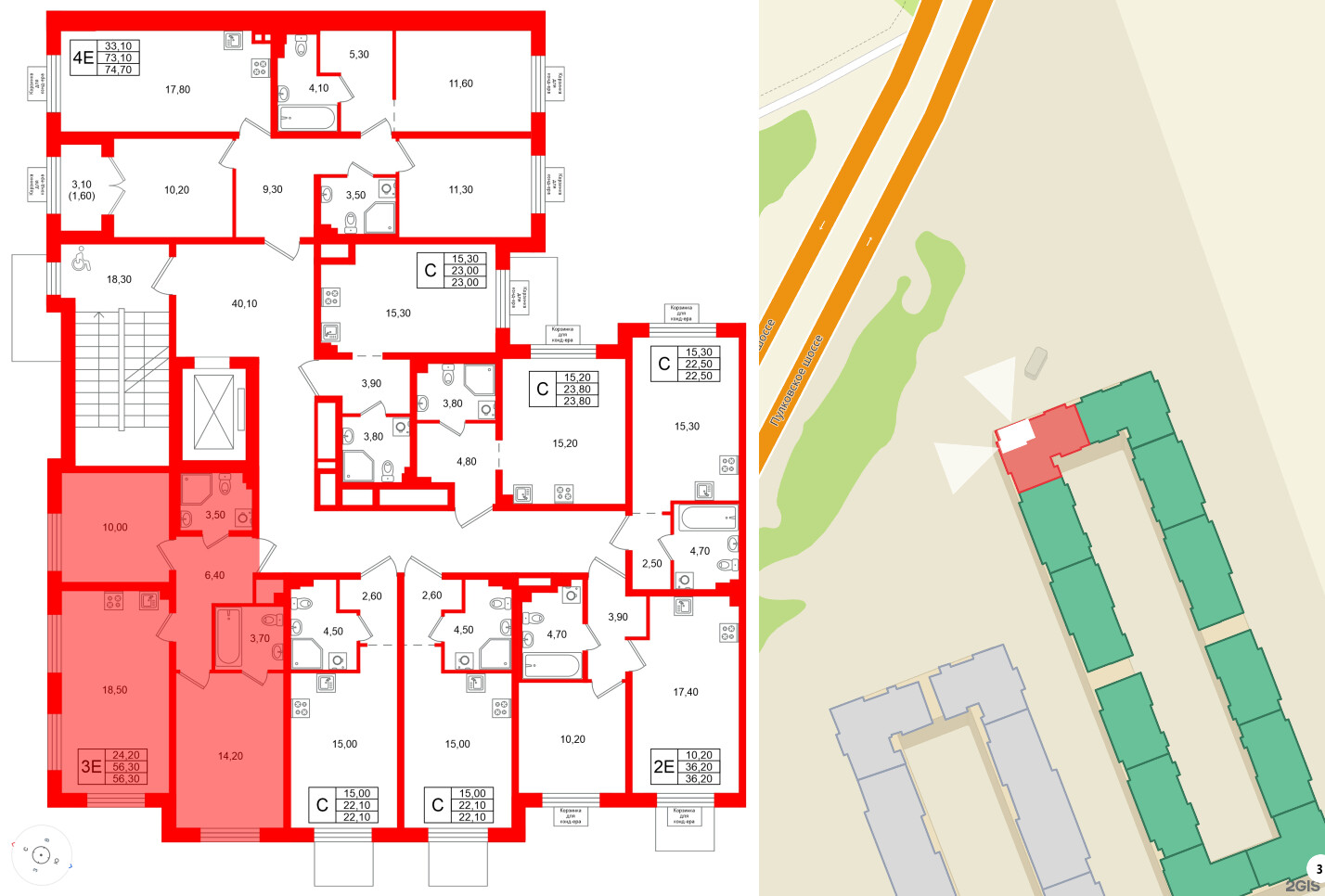 Квартира в ЖК «Пулково Lake», 2 комнатная, 56.3 м², 2 этаж