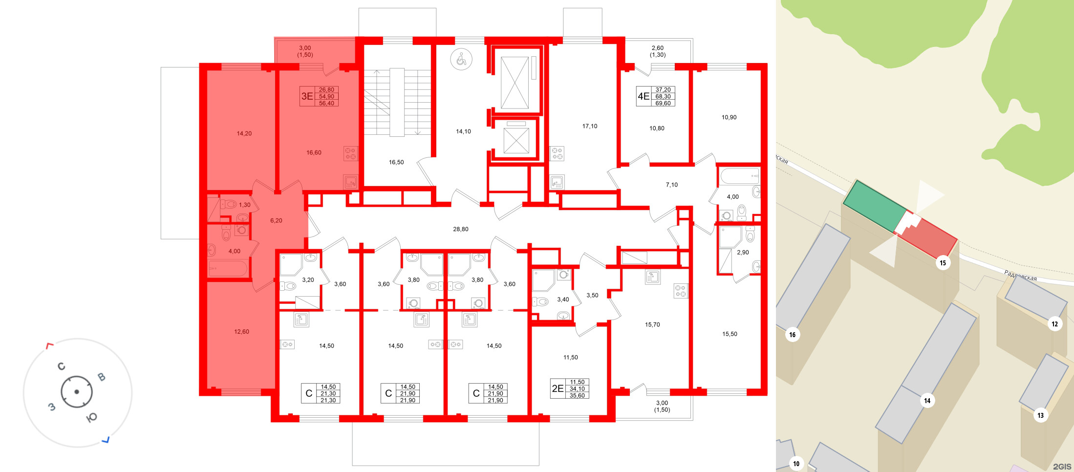 Квартира в ЖК «Ручьи–2», 2 комнатная, 56.4 м², 2 этаж
