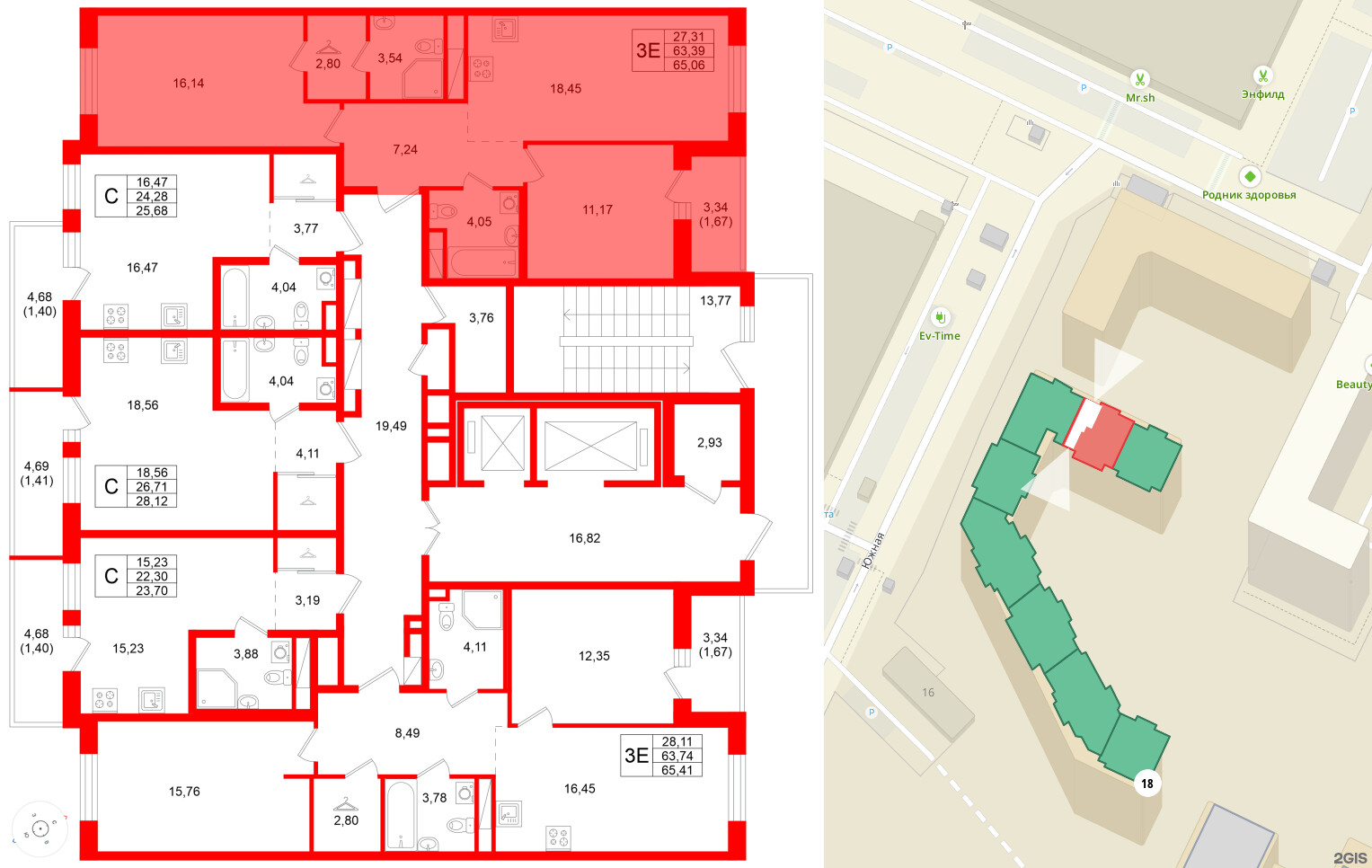 Квартира в ЖК Энфилд, 2 комнатная, 65.06 м², 10 этаж