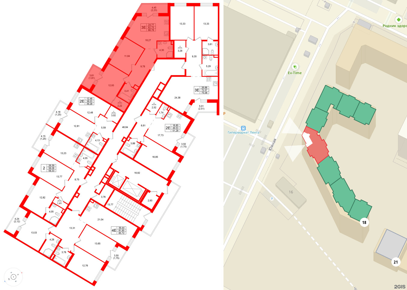 Квартира в ЖК Энфилд, 2 комнатная, 66.78 м², 2 этаж
