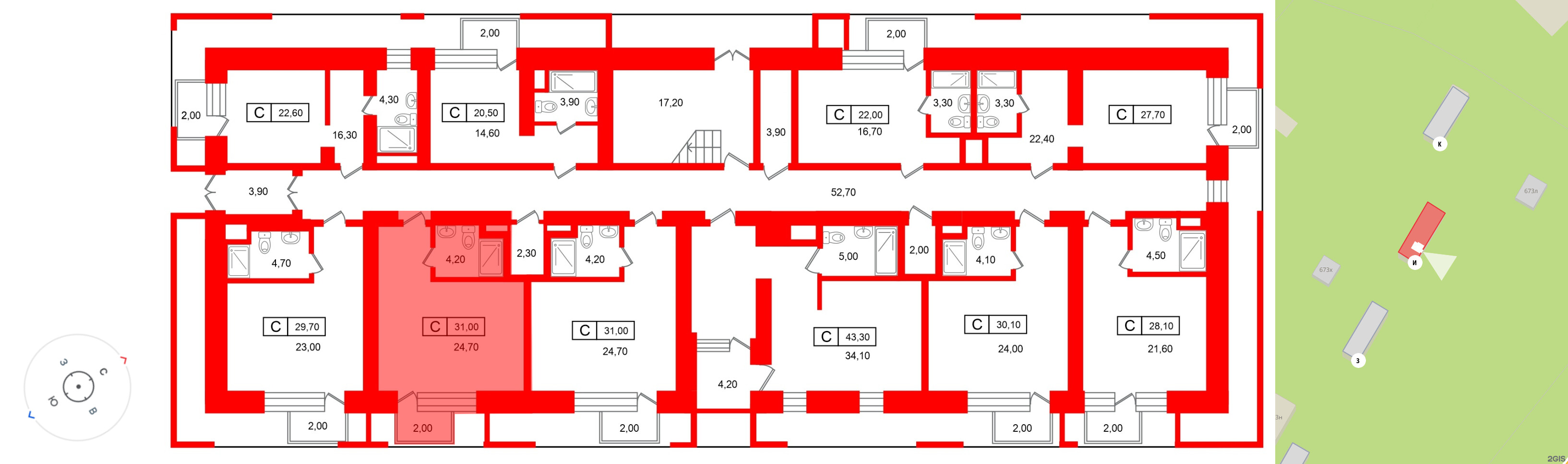 Апартаменты в ЖК «Место-Смолячково», студия, 31 м², 1 этаж