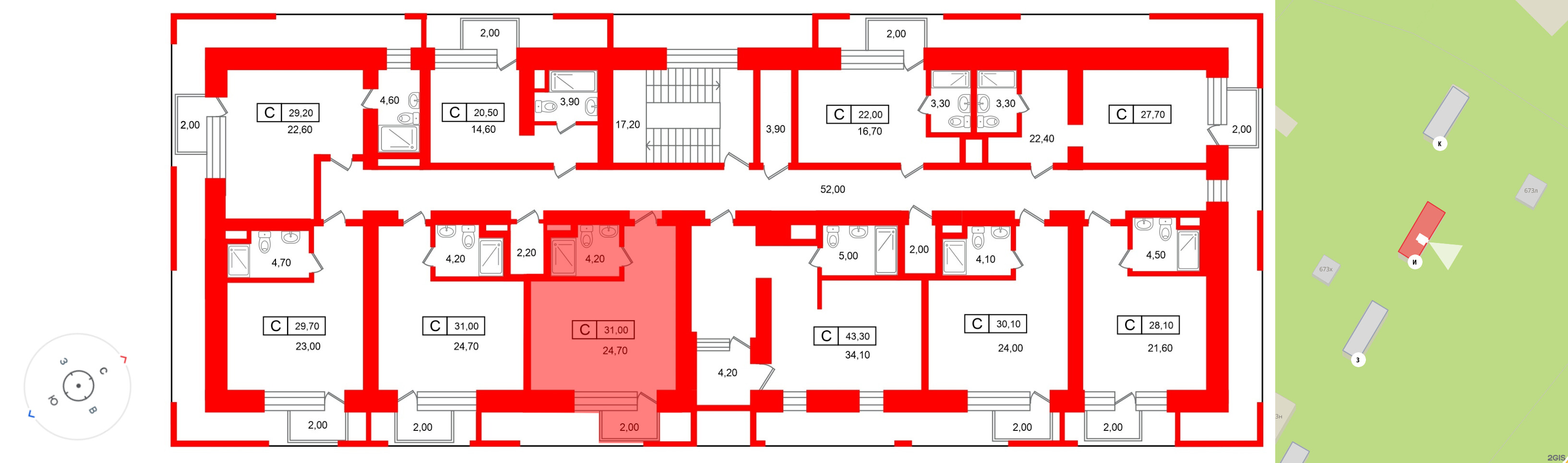 Апартаменты в ЖК «Место-Смолячково», студия, 31 м², 2 этаж