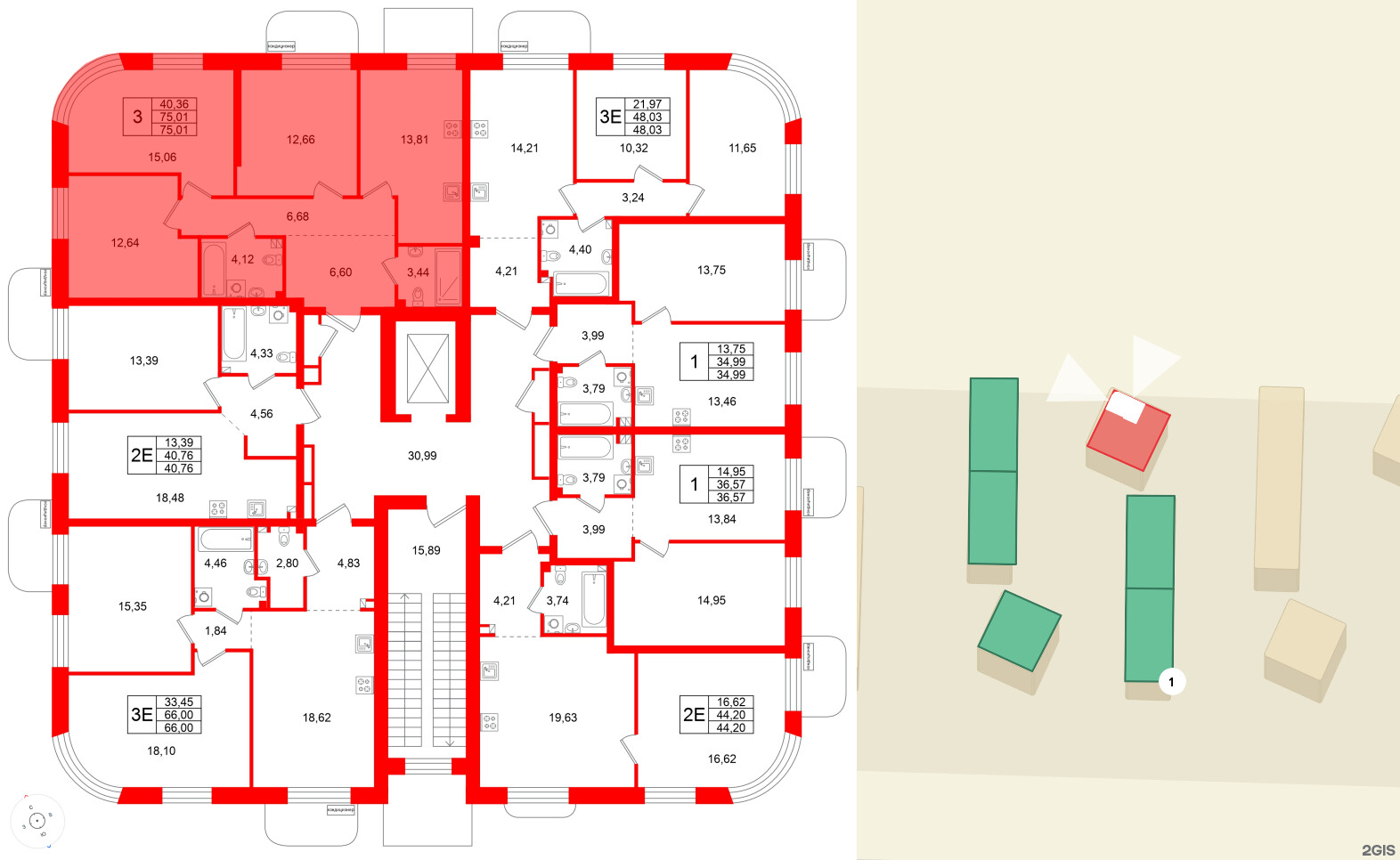 Квартира в ЖК Всевгород, 3 комнатная, 75.01 м², 2 этаж