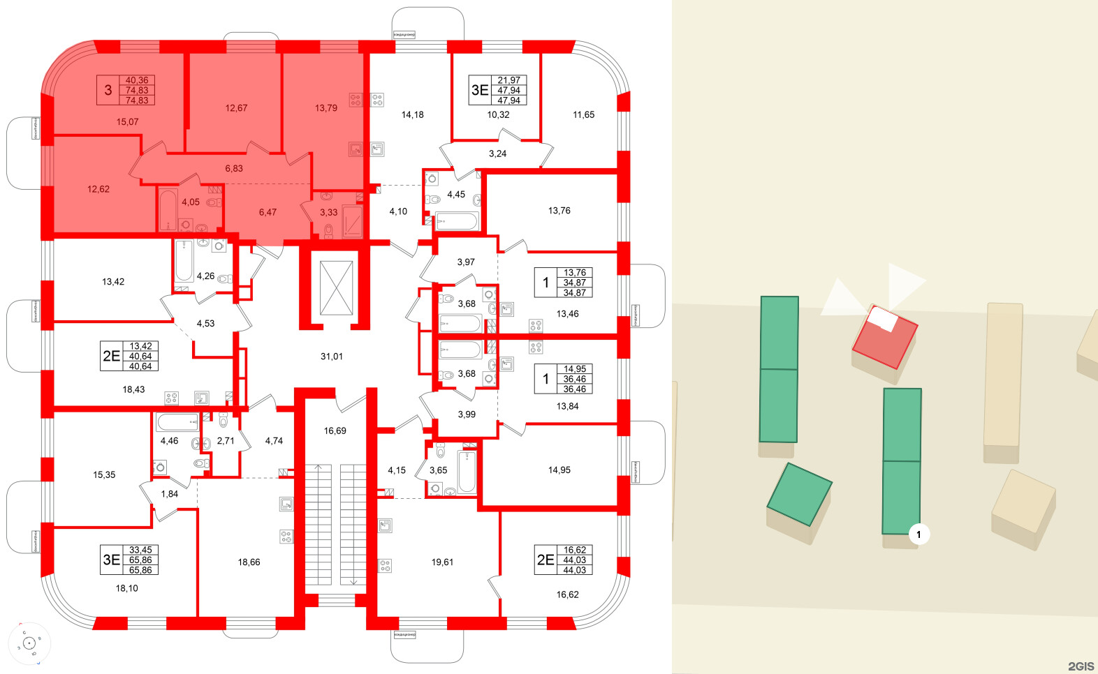 Квартира в ЖК Всевгород, 3 комнатная, 74.83 м², 3 этаж