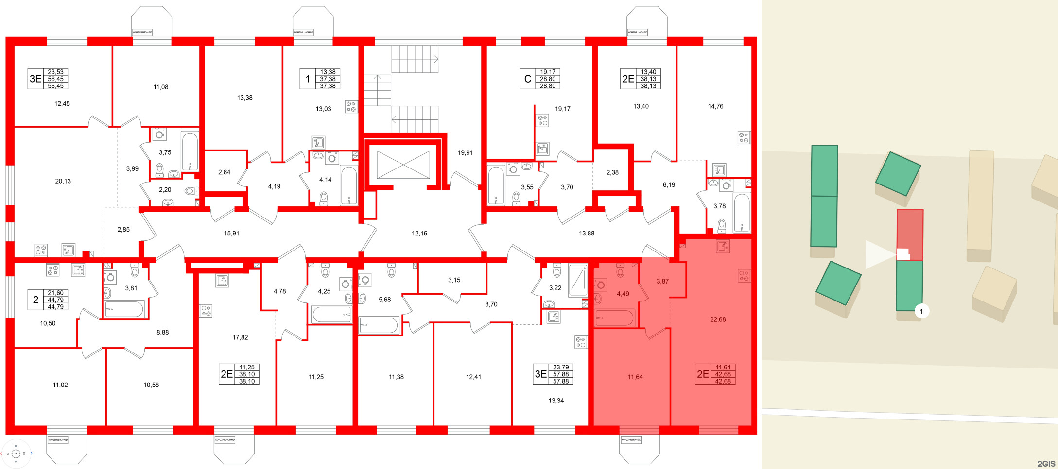 Квартира в ЖК Всевгород, 1 комнатная, 42.68 м², 2 этаж