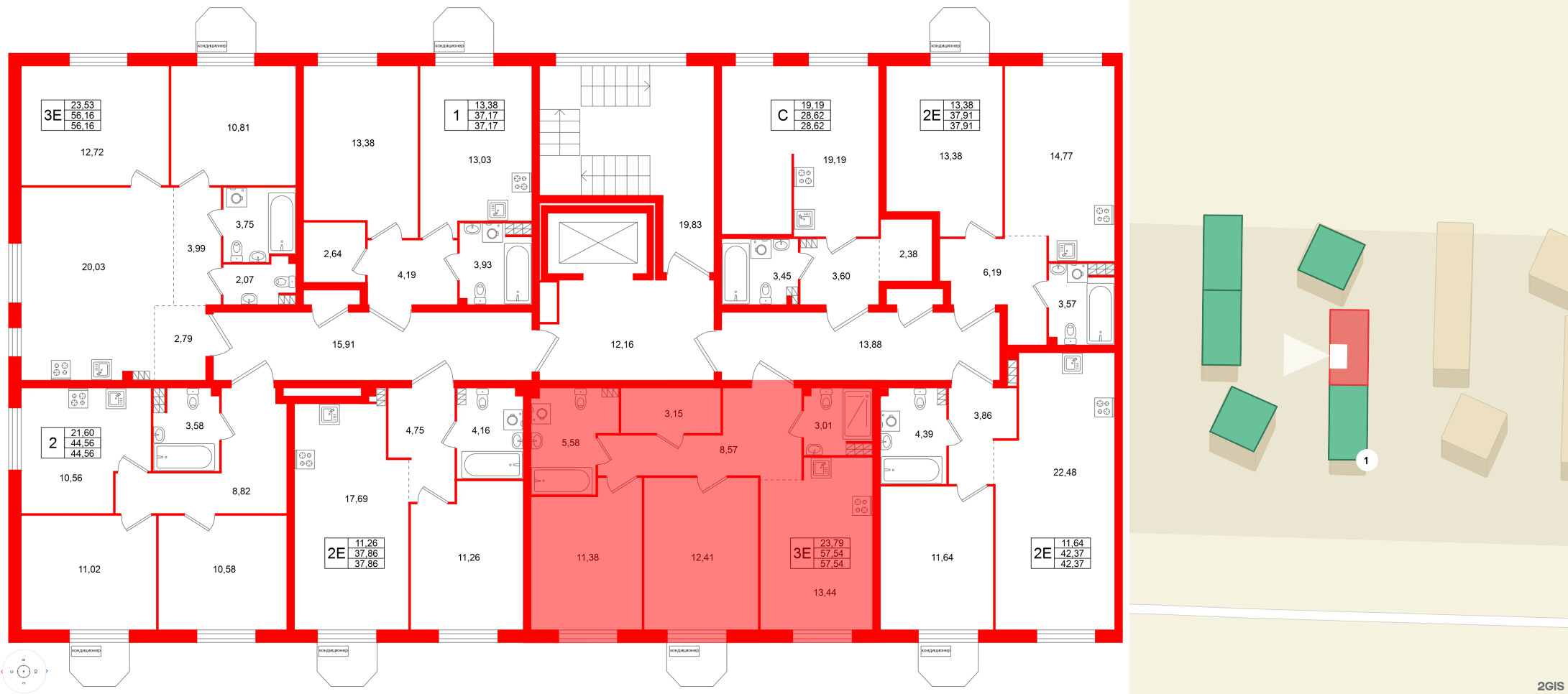 Квартира в ЖК Всевгород, 2 комнатная, 57.54 м², 4 этаж