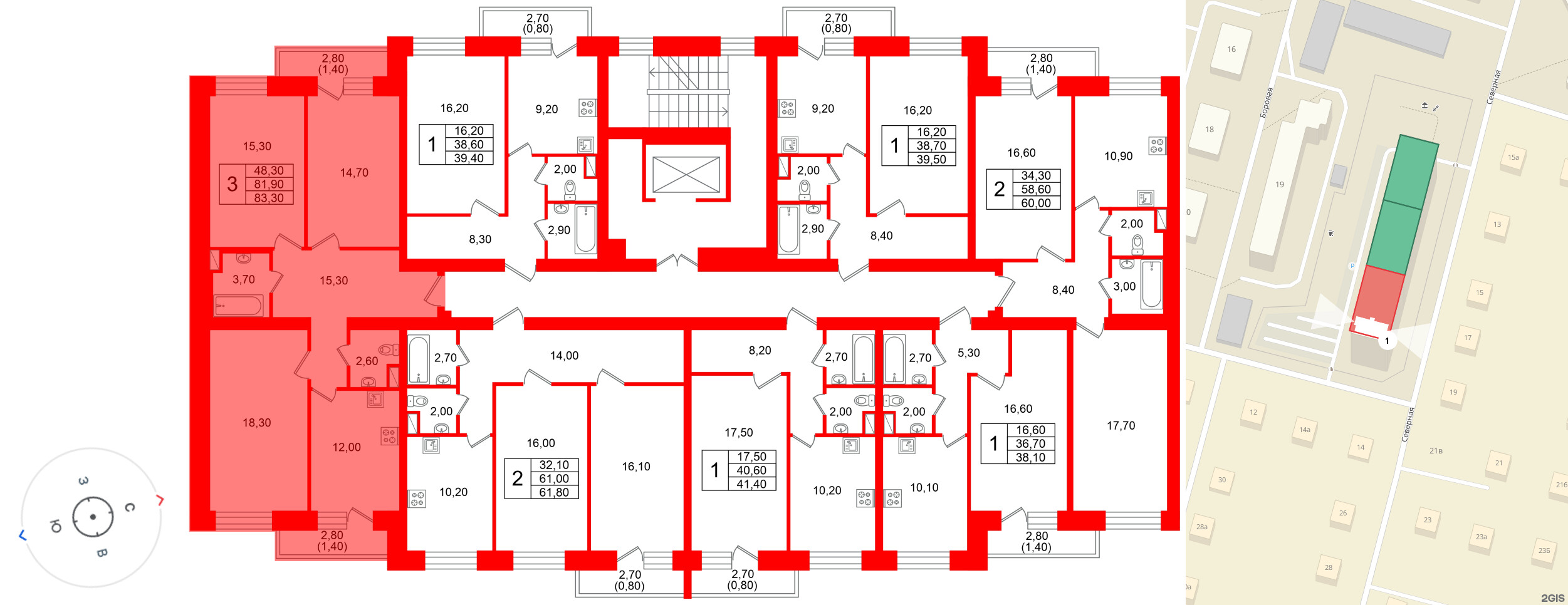 Квартира в ЖК Новый мир, 3 комнатная, 79.6 м², 2 этаж