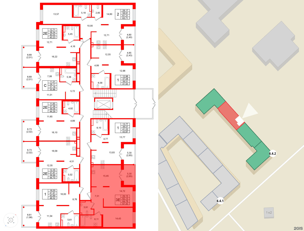 Квартира в ЖК Образцовый квартал, 2 комнатная, 64.78 м², 1 этаж