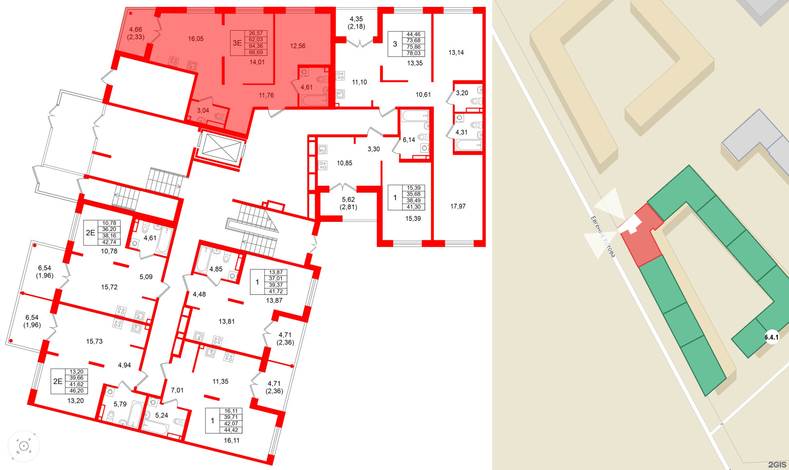 Квартира в ЖК Образцовый квартал, 2 комнатная, 64.36 м², 1 этаж