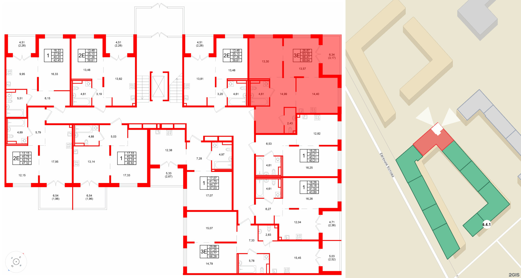 Квартира в ЖК Образцовый квартал, 2 комнатная, 66.47 м², 1 этаж