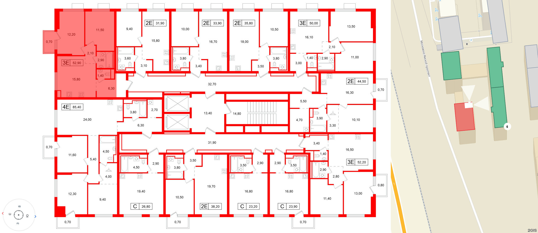 Квартира в ЖК Витебский парк, 2 комнатная, 52.9 м², 5 этаж
