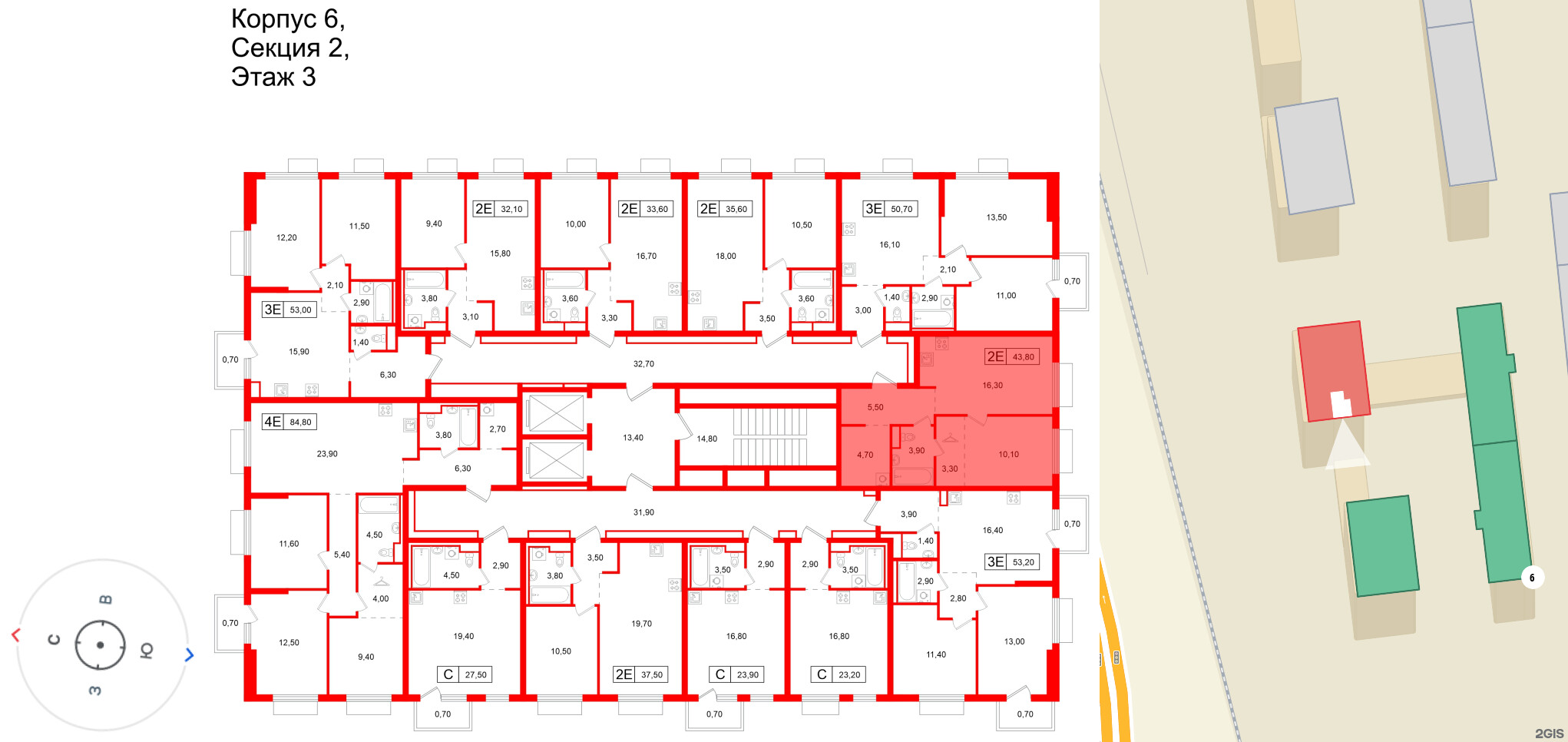 Квартира в ЖК Витебский парк, 1 комнатная, 43.8 м², 3 этаж