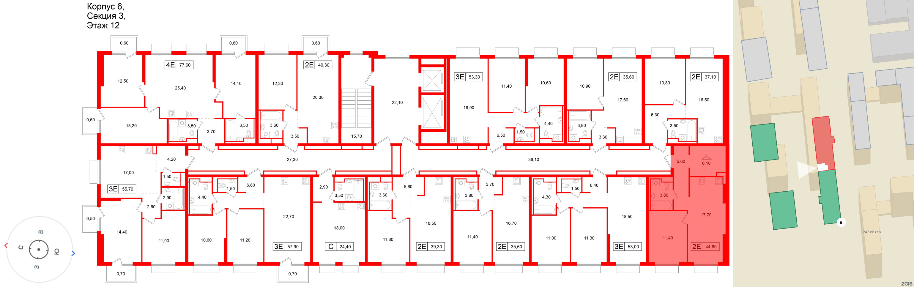 Квартира в ЖК Витебский парк, 1 комнатная, 44.6 м², 12 этаж