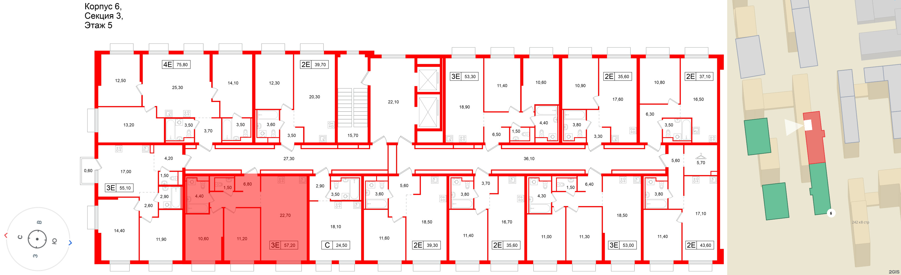 Квартира в ЖК Витебский парк, 2 комнатная, 57.2 м², 5 этаж
