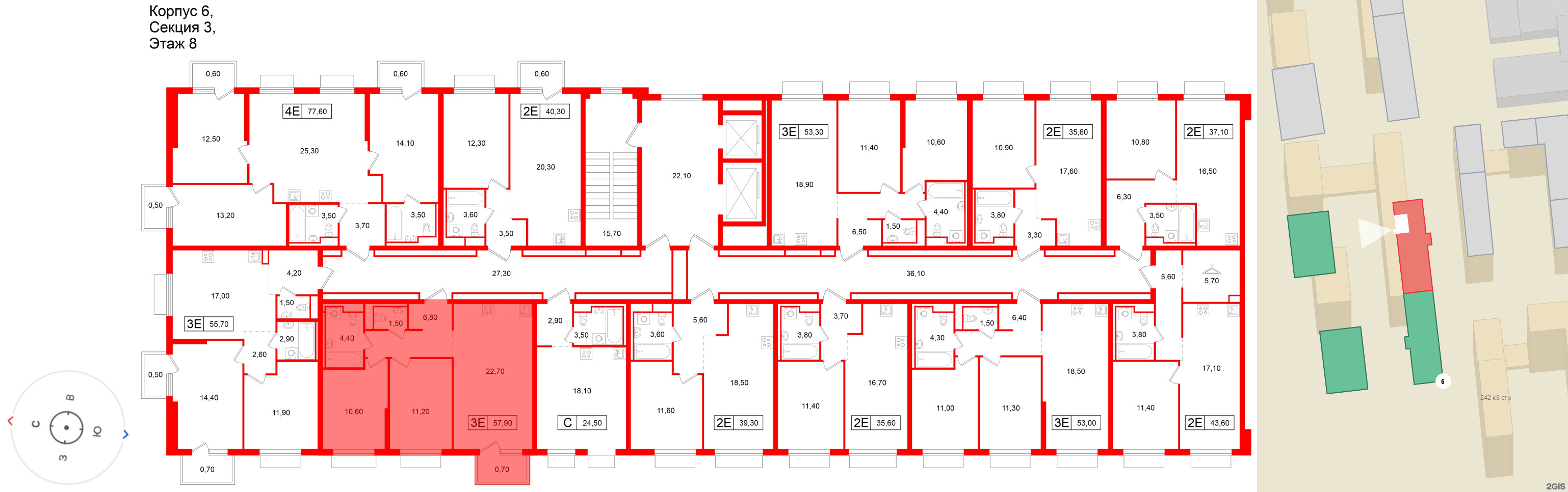Квартира в ЖК Витебский парк, 2 комнатная, 57.9 м², 8 этаж