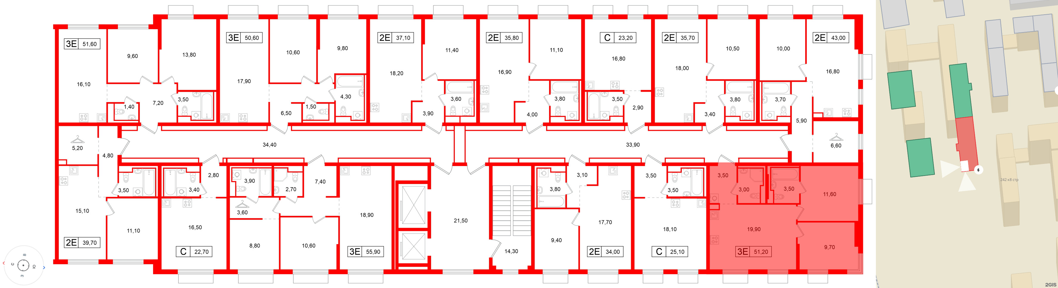 Квартира в ЖК Витебский парк, 2 комнатная, 51.2 м², 3 этаж