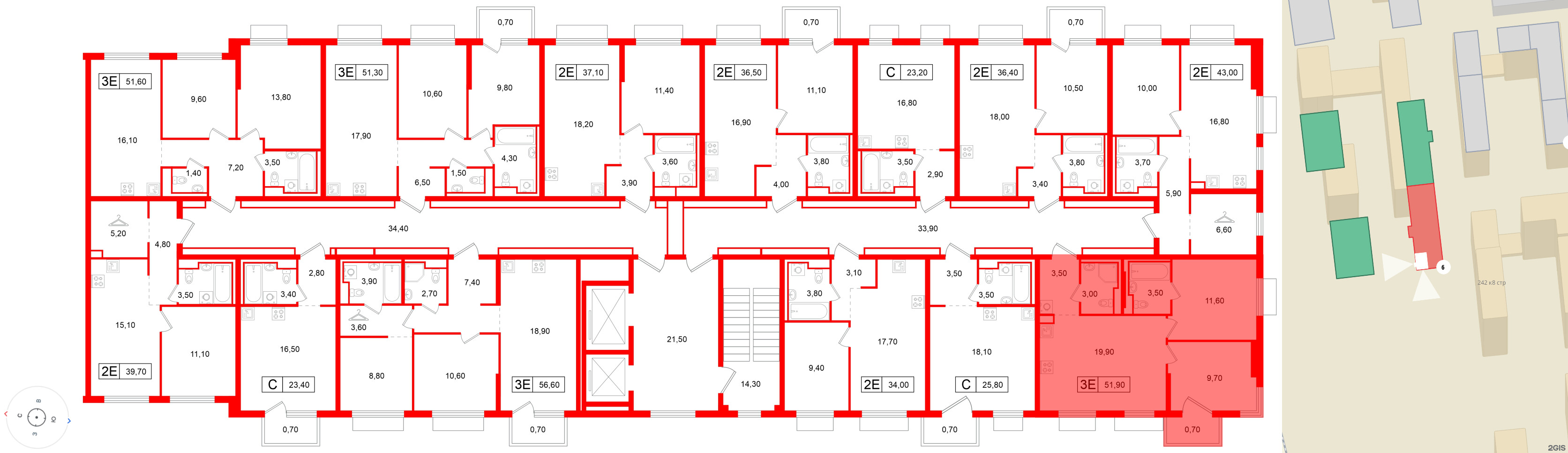 Квартира в ЖК Витебский парк, 2 комнатная, 51.9 м², 10 этаж