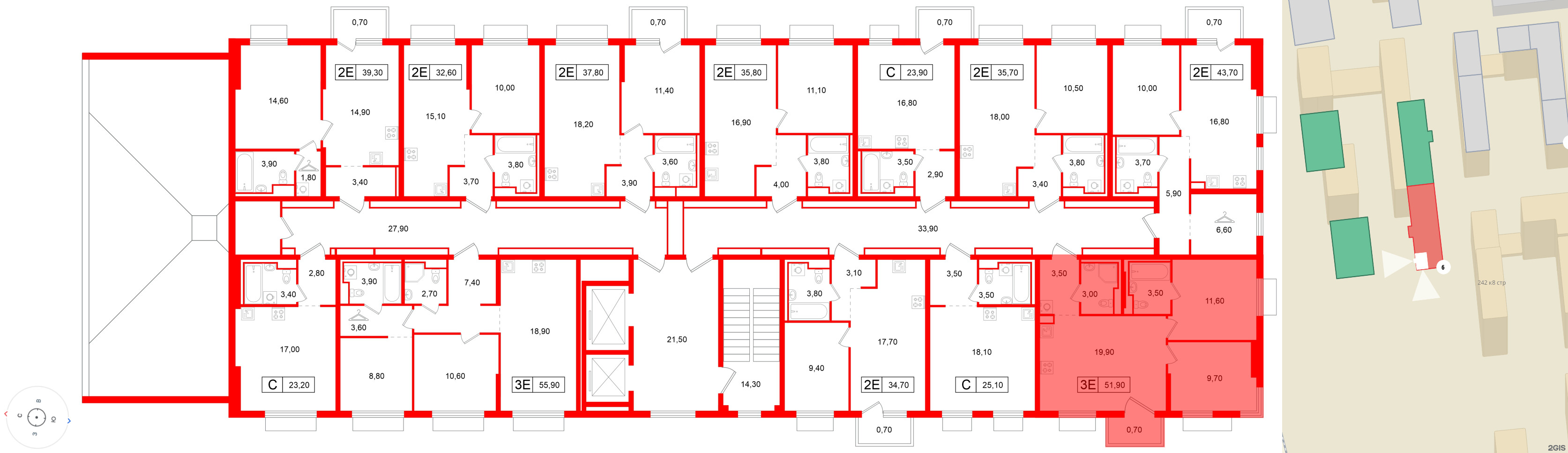 Квартира в ЖК Витебский парк, 2 комнатная, 51.9 м², 12 этаж