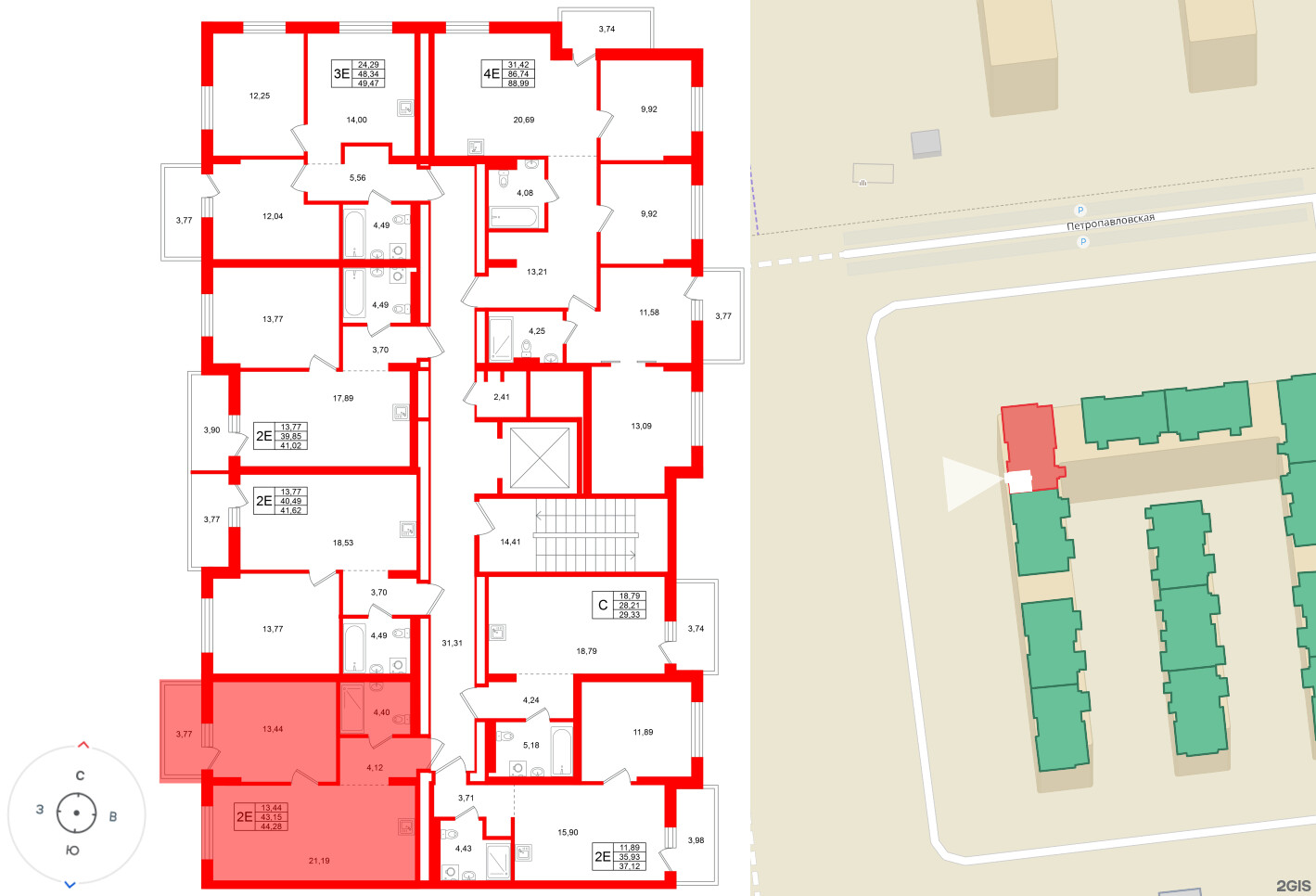 Квартира в ЖК Брусника в Новоселье, 1 комнатная, 44.28 м², 6 этаж