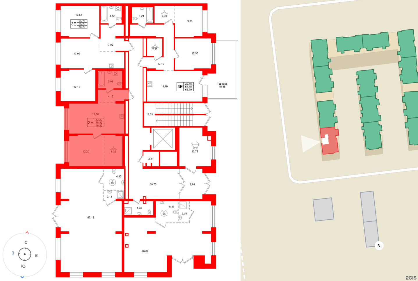 Квартира в ЖК «Брусника в Новоселье», 1 комнатная, 46.32 м², 1 этаж