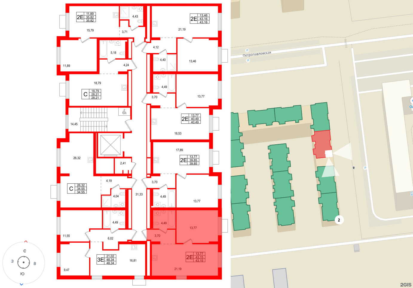 Квартира в ЖК «Брусника в Новоселье», 1 комнатная, 43.15 м², 3 этаж