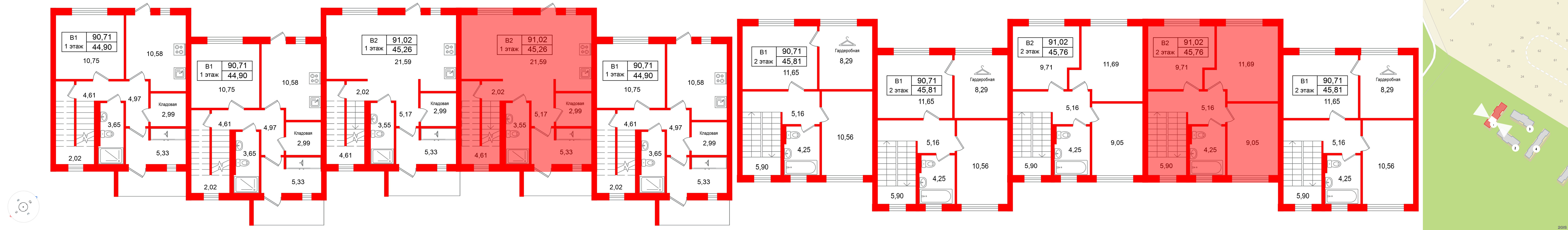 Квартира в ЖК СветЛО, 3 комнатная, 91.02 м², 1 этаж