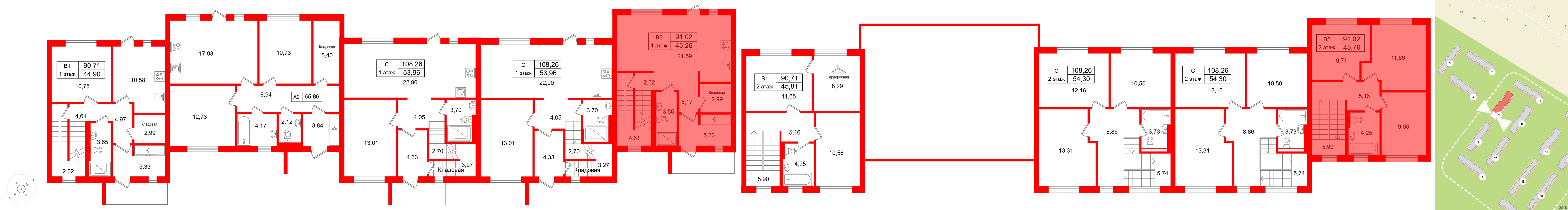 Квартира в ЖК СветЛО, 3 комнатная, 91.02 м², 1 этаж