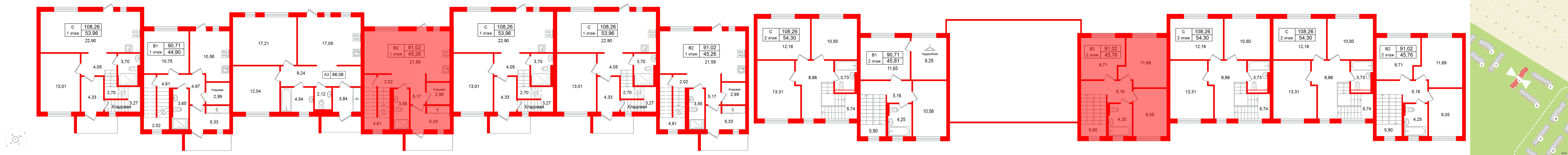 Квартира в ЖК СветЛО, 3 комнатная, 91.02 м², 1 этаж