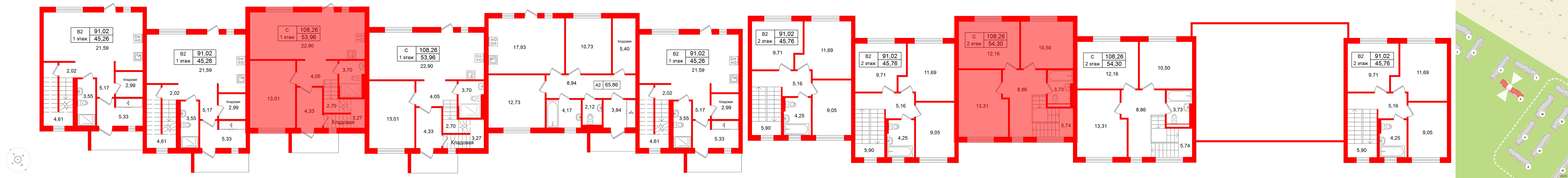 Квартира в ЖК СветЛО, 4 комнатная, 108.26 м², 1 этаж