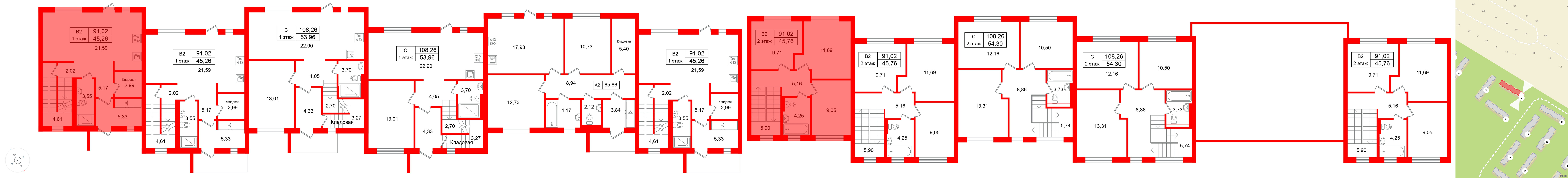 Квартира в ЖК СветЛО, 3 комнатная, 91.02 м², 1 этаж