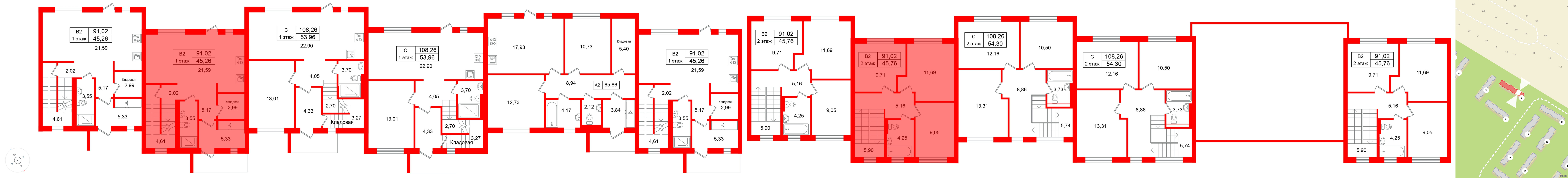 Квартира в ЖК СветЛО, 3 комнатная, 91.02 м², 1 этаж
