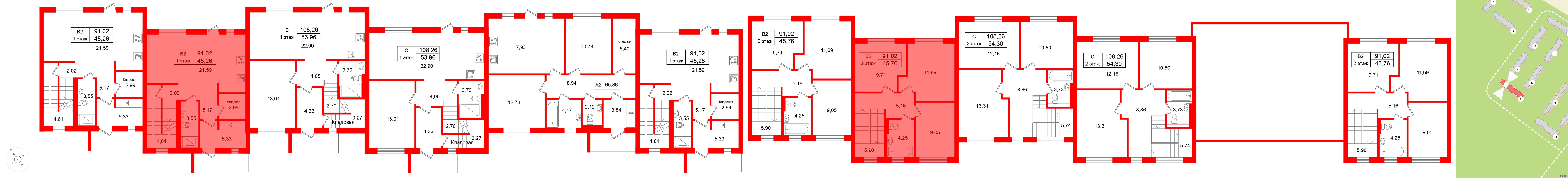 Квартира в ЖК СветЛО, 3 комнатная, 91.02 м², 1 этаж